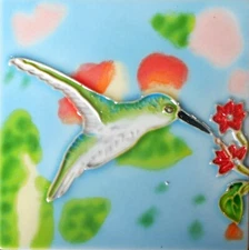 Hummingbird hand painted ceramic art tile coaster 4 x 4 inches with back