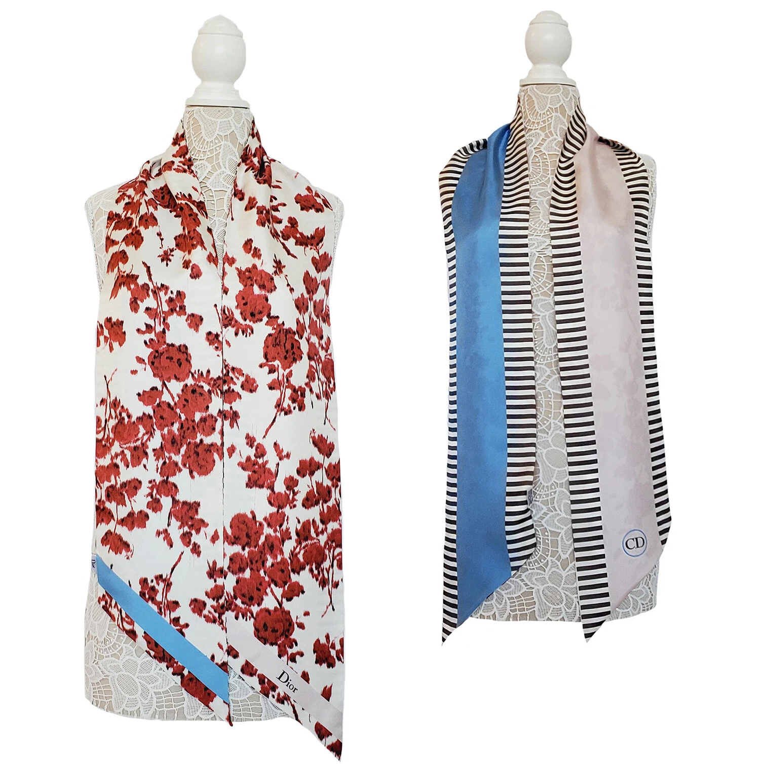 FOULARD CHRISTIAN DIOR RÉVERSIBLE BIMOTIF FLORAL RAYÉ LOGO SOIE OBLIQUE 74
