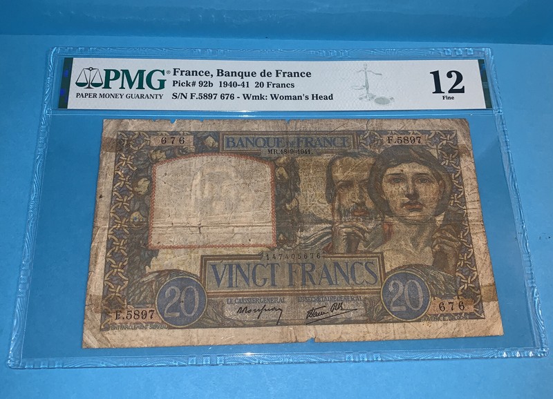 PMG France, Banque de France p92b 1940-41 20 Francs Banknotes 12Fine