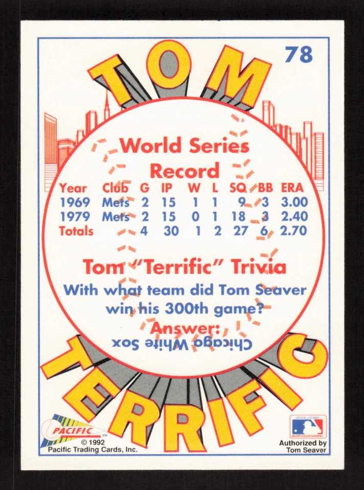 1992 Pacific Tom Seaver #78 Tom Seaver New York Mets - Image 2 of 2
