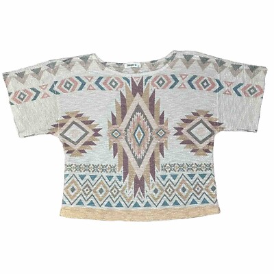 GINGER G Knit Short Cap Sleeve Shirt Top Sweater Beige w/ Aztec Print Women's S