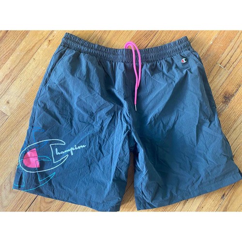 Champion Black Crinkle Nylon Shorts Big Logo Mens Size XL Windbreaker Short Neon - Picture 2 of 6