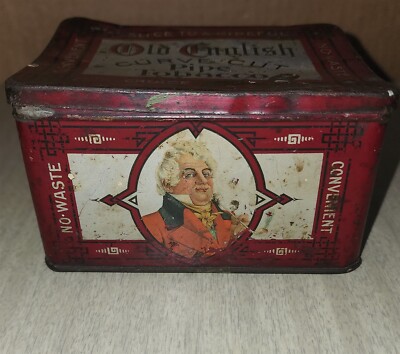 VINTAGE EMPTY OLD ENGLISH CURVE CUT PIPE TOBACCO TIN HINGED LID 4.75