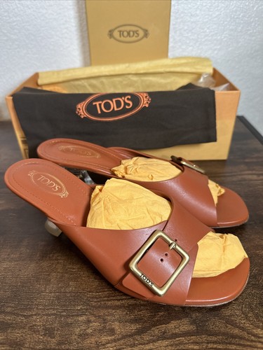 Tod’s Italy Slide Tan Brown Leather Mules Pumps Perspex Heels EU40 UK6.5 RRP$650 - Picture 6 of 13