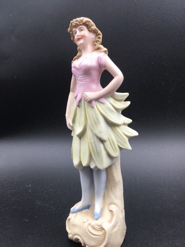 Ancienne paire de 2 figurines biscuit allemand fée dame jupe fleur victorienne - Photo 10/21