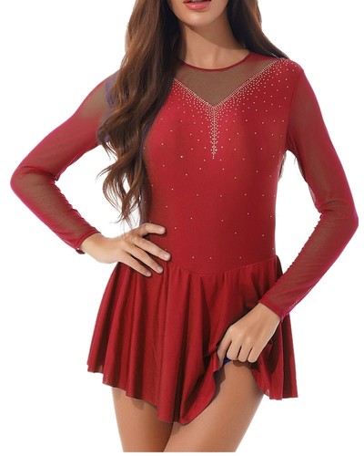 Women Long Sleeve Figure Ice Skating Dress Skater Skirt Lyrical Dance Costume - Picture 34 of 81