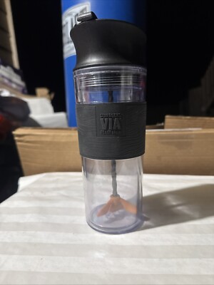 STARBUCKS VIA Ready Brew Swirl Black and Clear Tumbler By Bodum Plastic Cleaned!