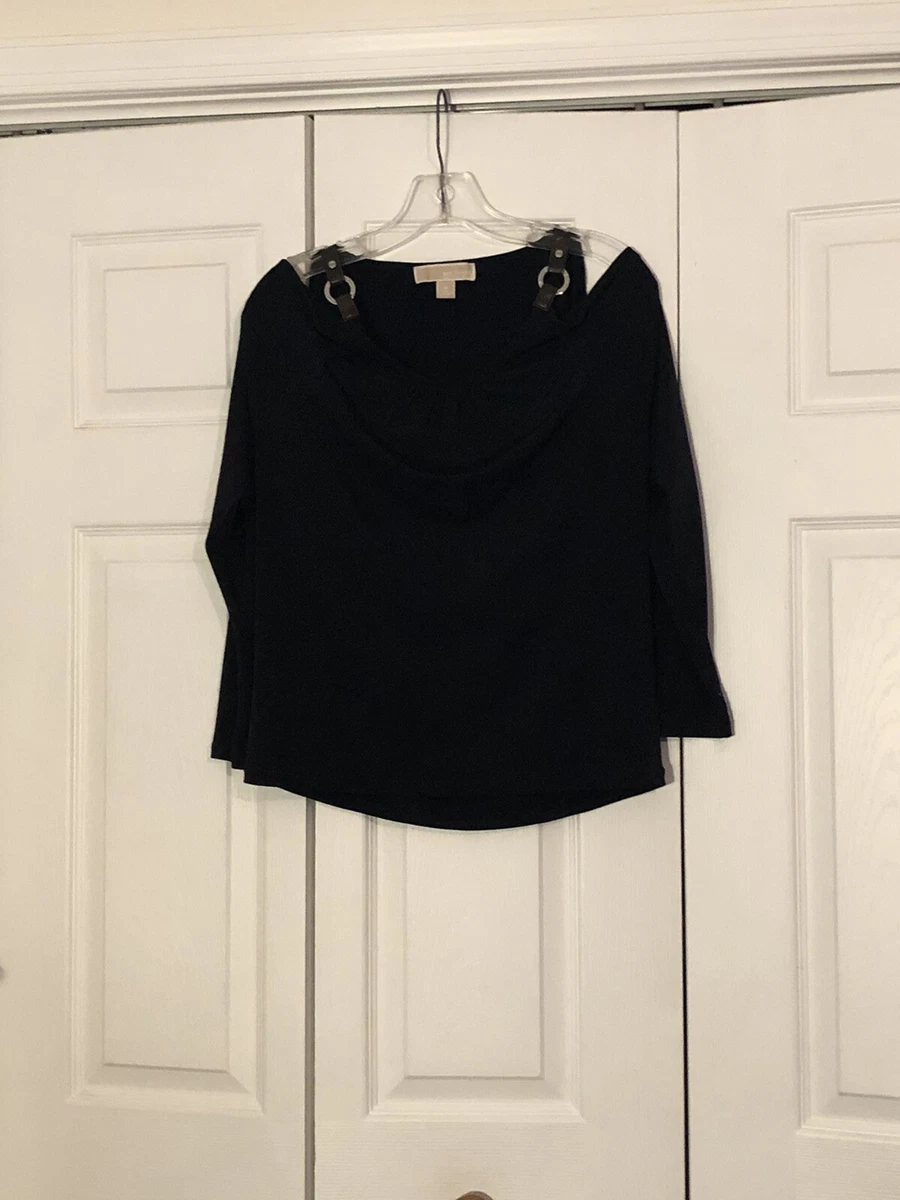 Michael Kors Women s Black Cold Shoulder Long Sleeve Top Faux Leather Straps M