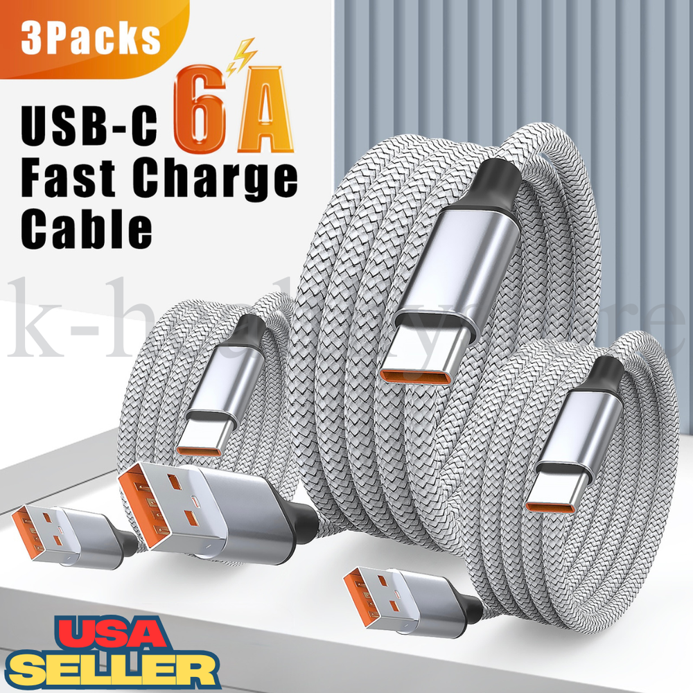 3-Pack Fast Charging USB to Type-C Cable 6ft 120W 6A Sync Cord