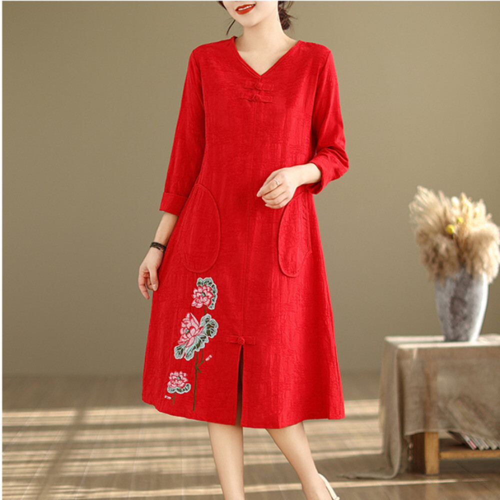 Women Embroidered Dress Cotton Chinese Ethnic Slit A-line Floral Midi V Neck