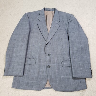 HOLLAND & SHERRY ブルーグレー ビジネスジャケット Holland & Sherry Blazer Men 44 Gray Wool Plaid Tailored Savile Row