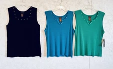 Multiples Tank Tops Lot of Three Green Blue Black Embellished with Brads Sz PXL