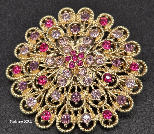 Monet Gold Tone Dahlia Medallion Pink Purple Rhinestone Brooch Valentine's Day