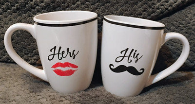 HIS and HERS Coffee Cups LG Mugs Red Lips Black Stach Set of 2 perfect gift