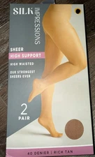 Silk Impressions ~ 2 Pair Women's Pantyhose Rich Tan 40 Denier Sheer ~ 3XL