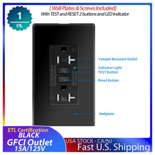 GFCI Black Outlet 15A, Receptacle with LED Indicator, Wall Plate Included,1 Pack