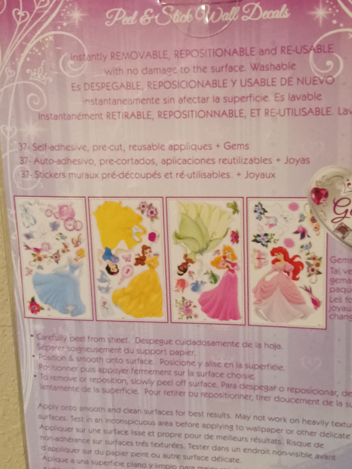 Disney Princess  Peel &Stick Removable Wall Decals 37 pcs With Gems NIB