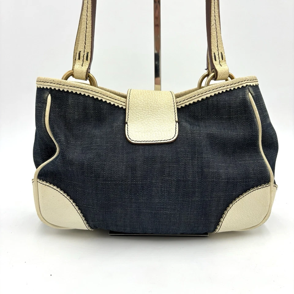 Auth Miu Miu Archive Gold Logo Hardware Denim Shoulder Tote Bag 2Y412 - Image 3 of 4