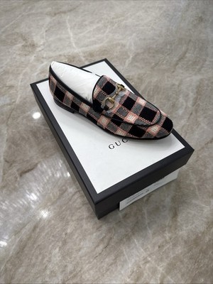 Gucci New Jordaan Horsebit Multi Color Plaid Check Tweed Loafers Flats Size 37