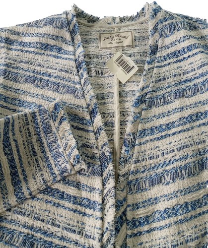 NWT Lucky Brand Boho Blazer Open Front Sz Medium Fringe Trim Blue and Cream NEW 