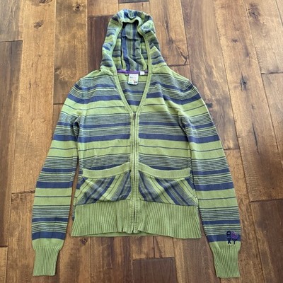 Vintage Roxy Y2K Striped Knit Zip Hoodie Green Purple Women s M Surf Skater