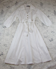 NEW Halston Long slv Midi white crisp Shirtdress gold buttons self tie womens 16