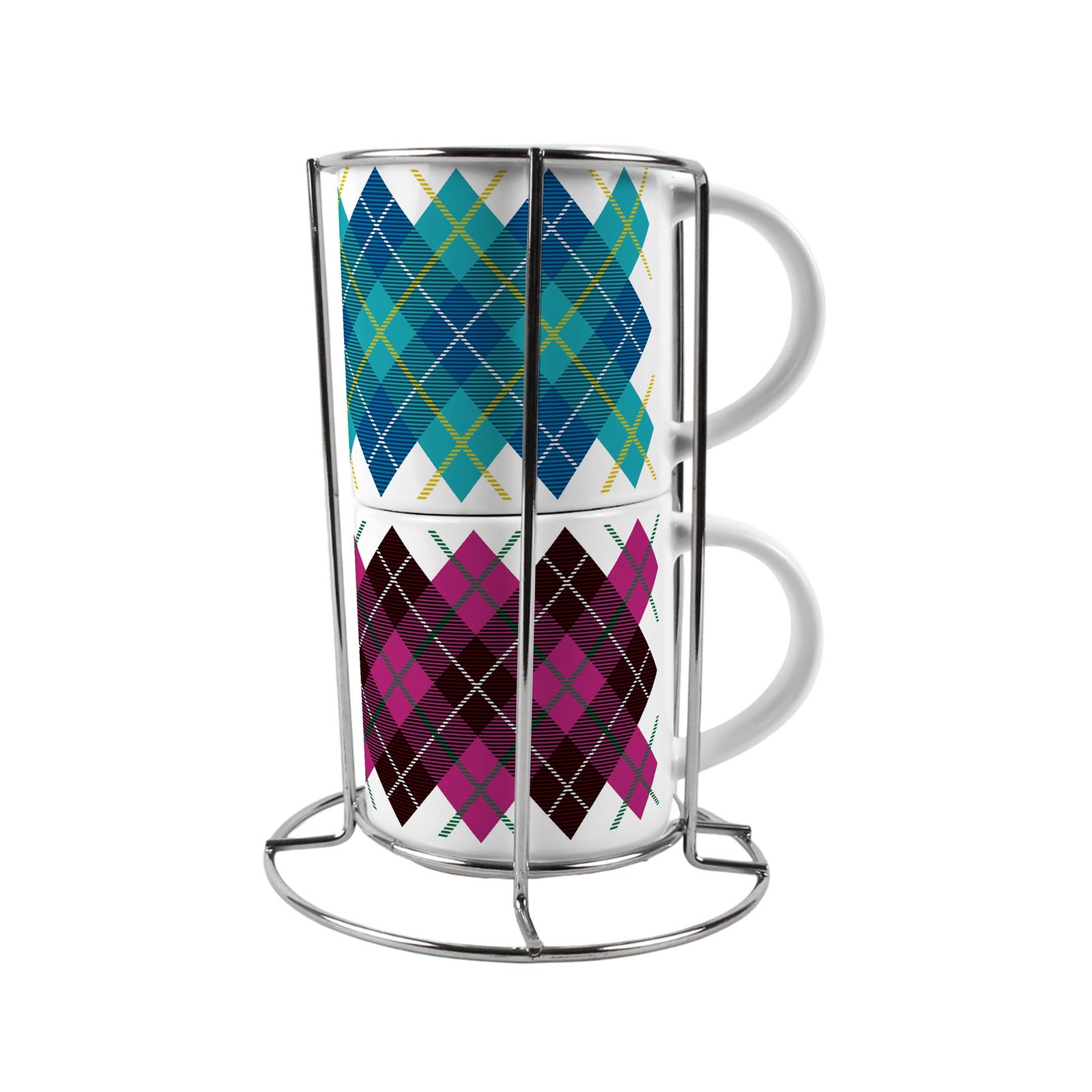 Blue & Purple Argyle Print Small Stacking Mugs Gift - Set of 2 with Metal Stand