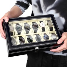 12 Slots Pu Leather Wrist Watch Display Box Storage Holder Organizer Case