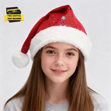Santa Hat Red Christmas Hats with Stamping Colorful Stars White Plush Brim Pom-P