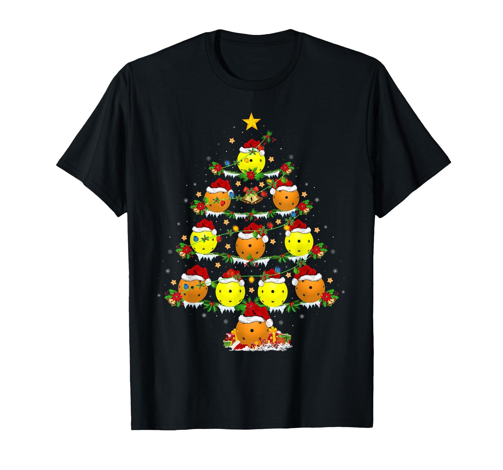 Pickleball Christmas Tree Lights Funny Sports Player Xmas T-Shirt