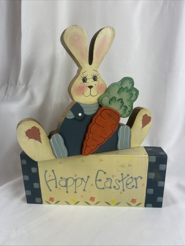 Happy Easter Sign Bunny Rabbit With Carrot Hand Painted Wood 10x8.5” - Picture 4 of 7