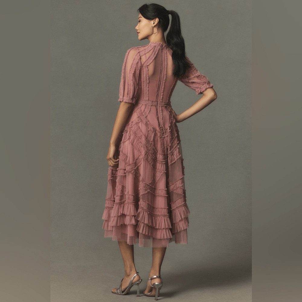 MAC DUGGAL 8058 Pink High Neck Micro Ruffle Tiered Midi Dress Size 2 image 4