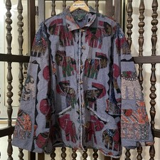 RARE Orvis Blue 100 Cotton Elephant Patchwork Relaxed Fit Boho Hippie Jacket