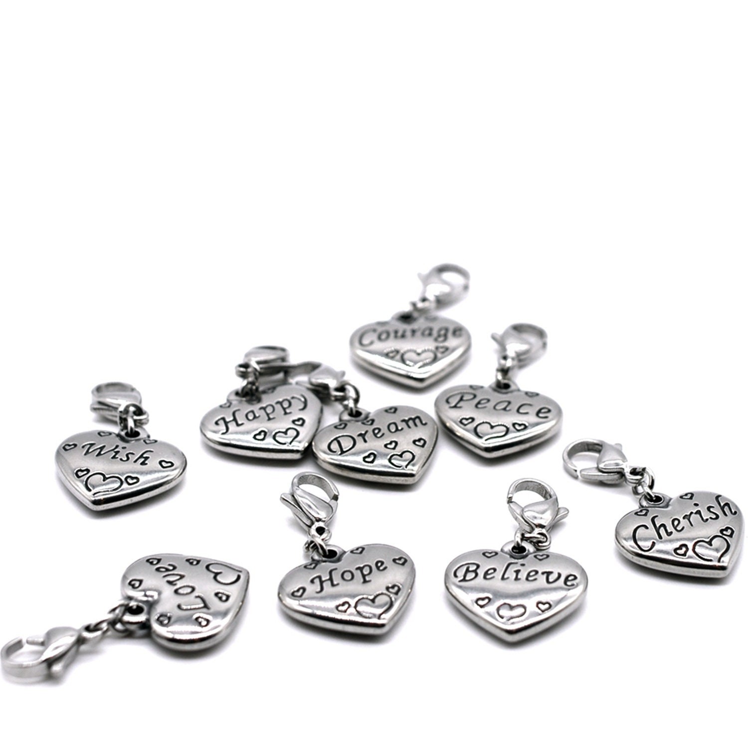 9PCS 9 Words Stainless Steel Clip-on Charm Collection, Believe, Cherish, Courag