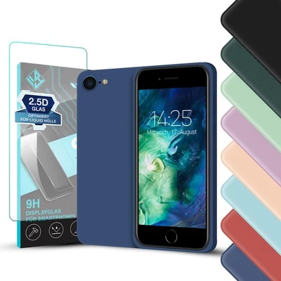 LIQUID SILIKONHÜLLE FÜR APPLE IPHONE 7 / 8 / SE 2020 Handy Hülle für Apple iPhone 7 / 8 / SE 2020 Soft Schutzhülle Cover Case 9H Glas