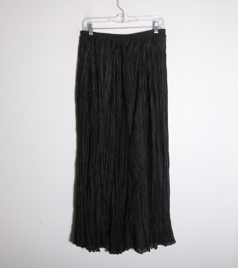 Soft Surroundings 100% Silk Pleated Crinkle Maxi Skirt Womens XS S M Black Boho