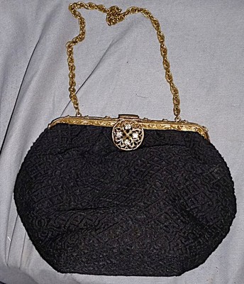 Ladies Evening Bag Theatre Bag,Black Fabric,Gold Plated Underwire Rhinestone