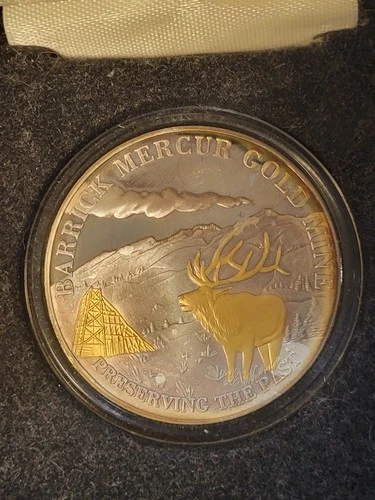 Ultra Rare Barrick Mercur Gold Mine Utah 1 Oz Silver Proof Round Gold Gilted 98'