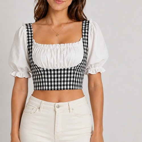 Romwe Puff Sleeve Milkmaid Crop Top Womens M Black White Gingham Cottagecore