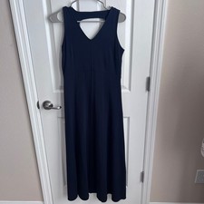 Talbots Navy Blue Sleeveless V Neck Maxi Dress Size S Cutout Back Cotton Modal