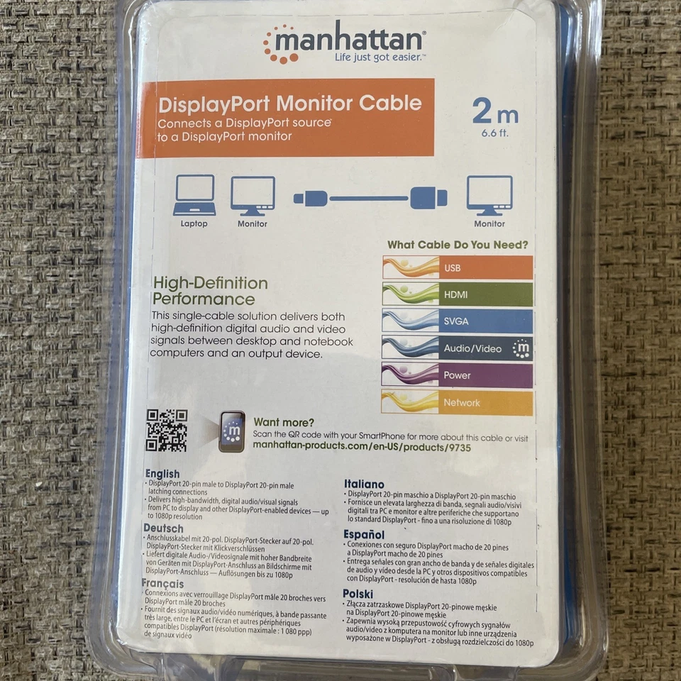 Manhattan Displayport Monitor Cable 6.6 ft. 2 x Male Digital Audio/Video 393799 - Image 3 of 3