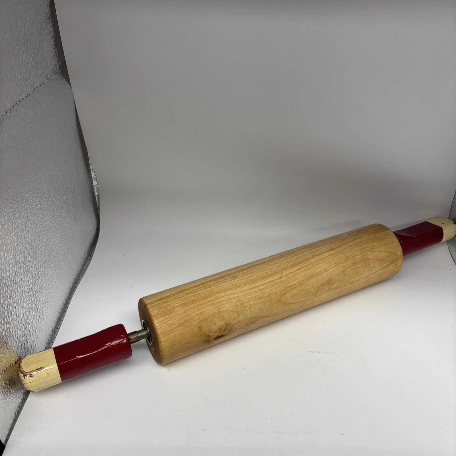 VINTAGE Wood Rolling Pin Red & White Handles Farmhouse Distressed Decor