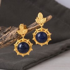 925 Silver Gold Plated Small Flower & Bamboo Design Earrings With Lapis Lazuli