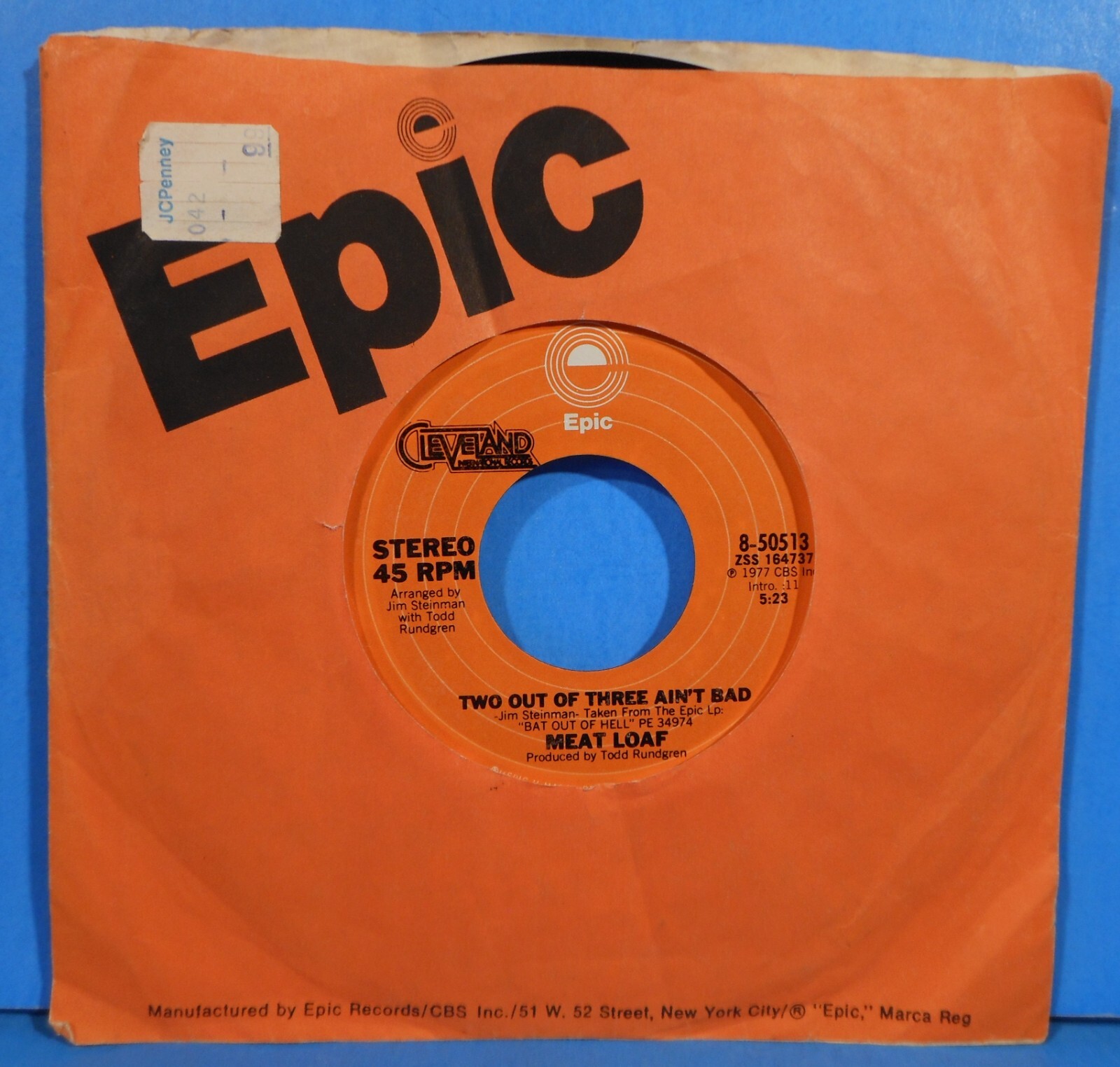 MEATLOAF TWO OUT OF THREE AIN'T BAD FOR CRYING OUT LOUD 7" 1977 VG+