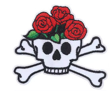 SKULL with Crossbones  Red Roses - 3" Embroidered Iron On Patch