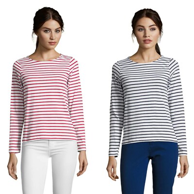 Damen Langarm Shirt gestreift Rundhals Langarmshirt 100% Baumwolle XS - XXL