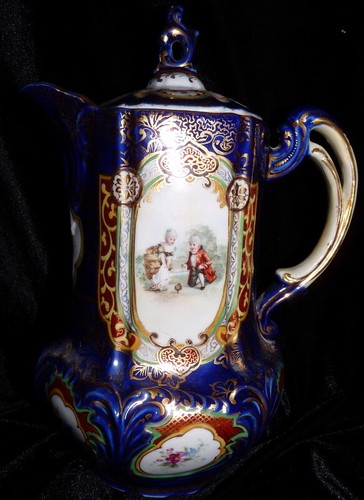 STUNNING Antique Hand Painted CHOCOLATE POT Cobalt Blue With Children Flowers - Picture 10 of 10