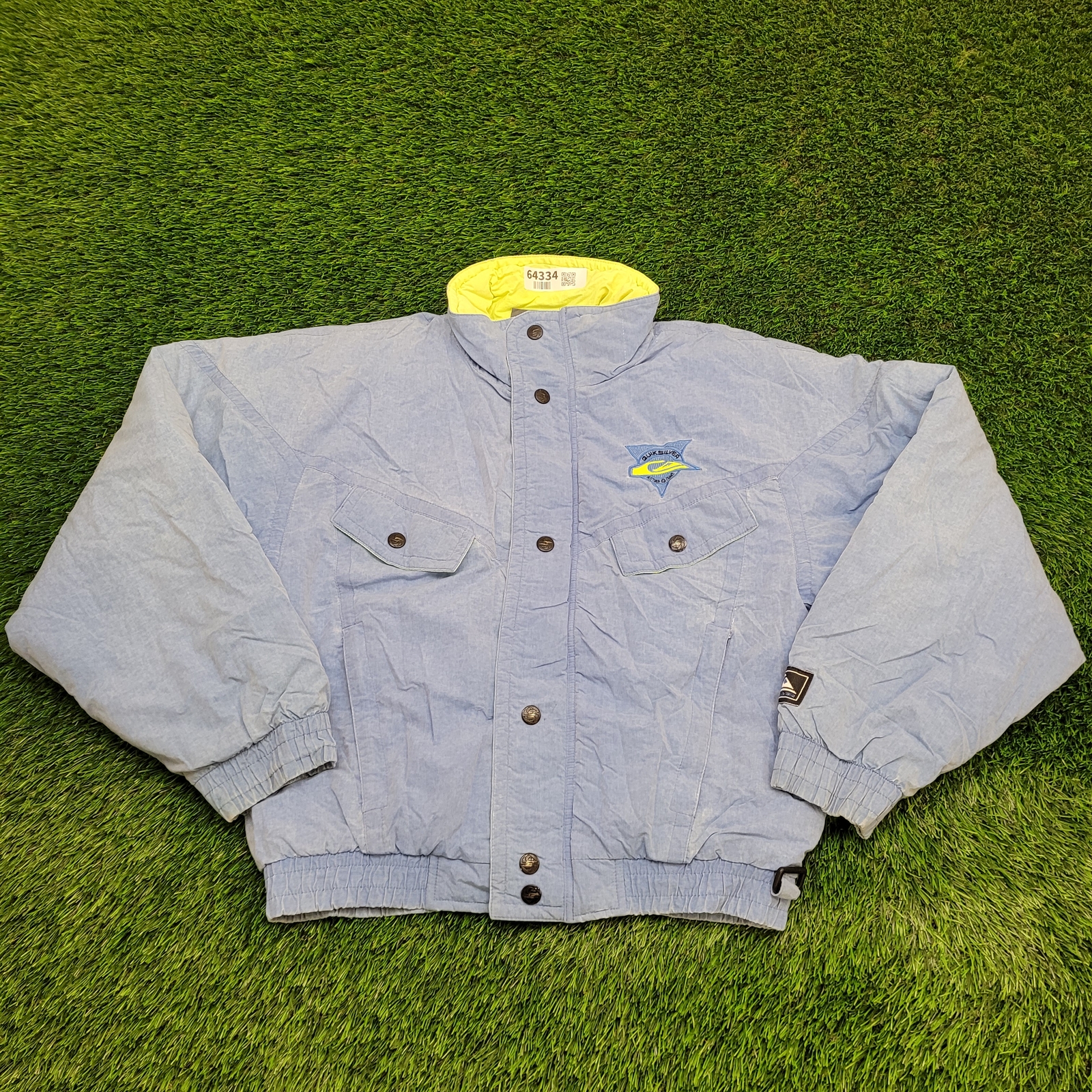 Chaqueta de esquí Quiksilver vintage años 90 corta en L 23x24 azul descolorido forrado parche-logo