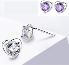 Women 925 Sterling Silver PURPLE BLUE Crystal CZ Heart Stud Earrings Gift H16