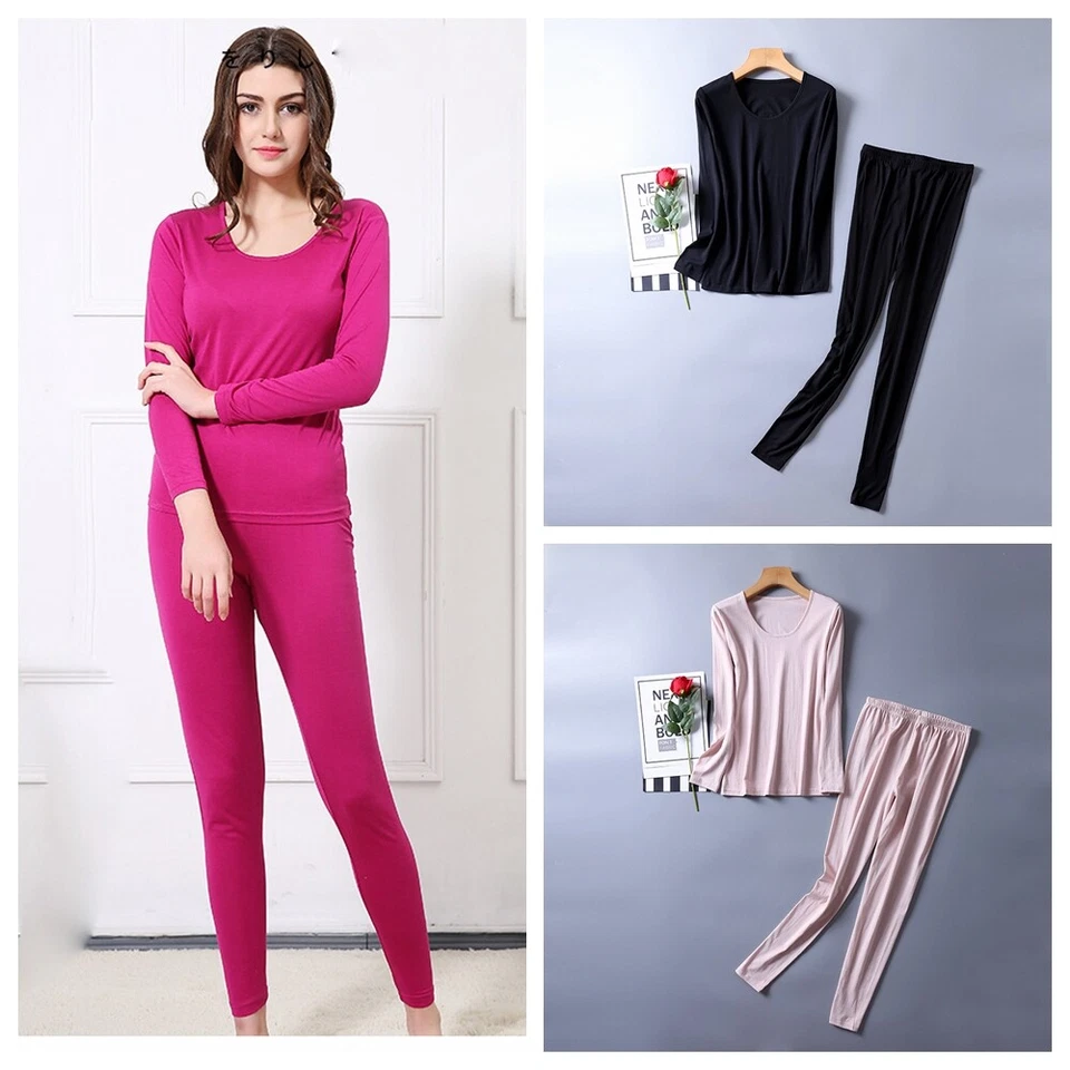Conjunto de ropa interior térmica de seda pura para mujer largo John base conjunto superior e inferior- Foto 2 de 4